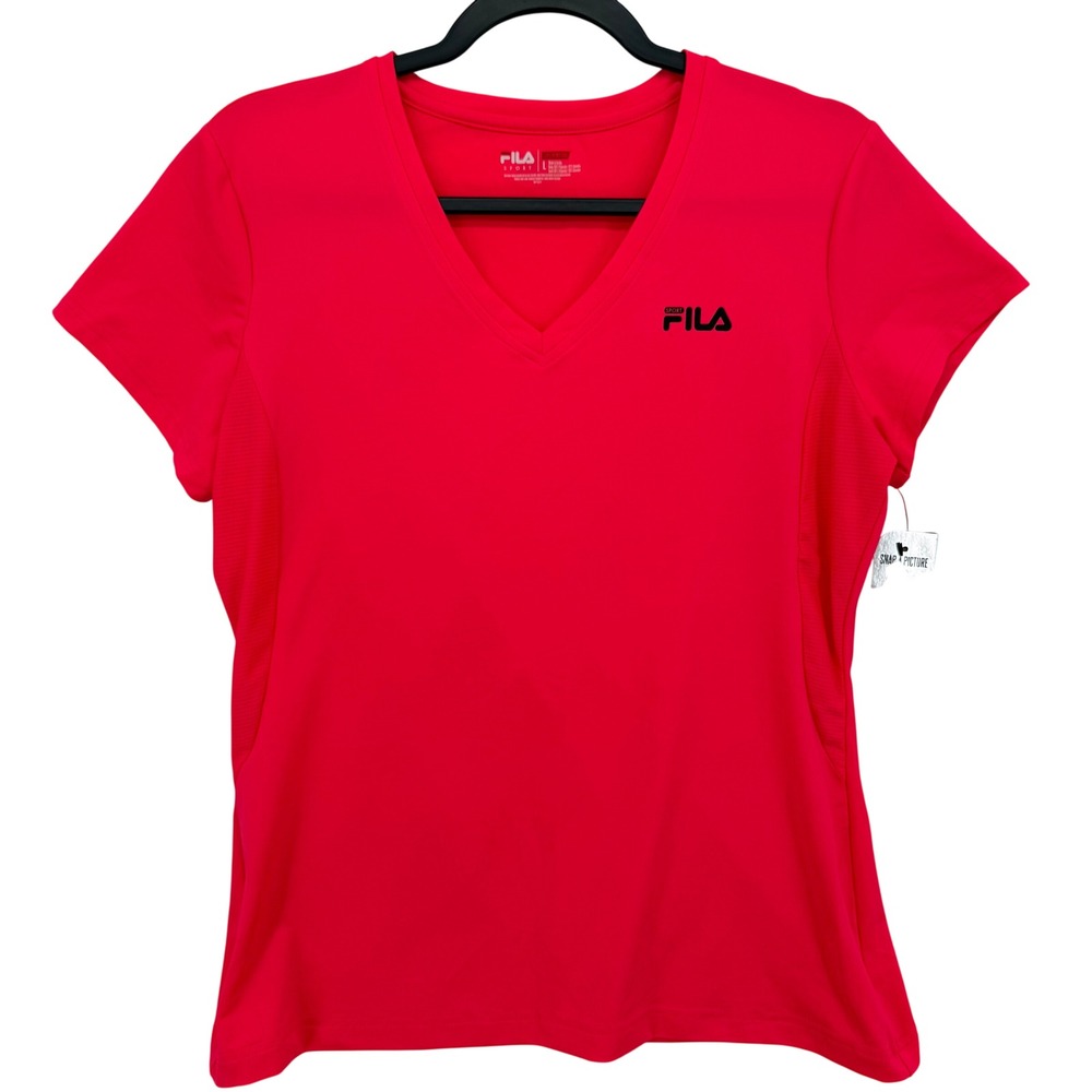 FILA Sport V-Neck Tee Women Large Neon Pink Activewear Running Shirt